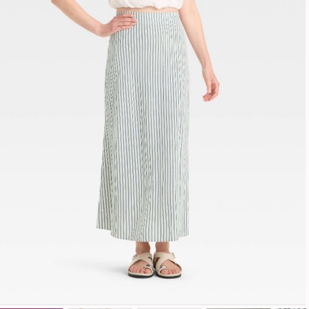 Linen Blend Maxi Skirt Navy Blue Striped